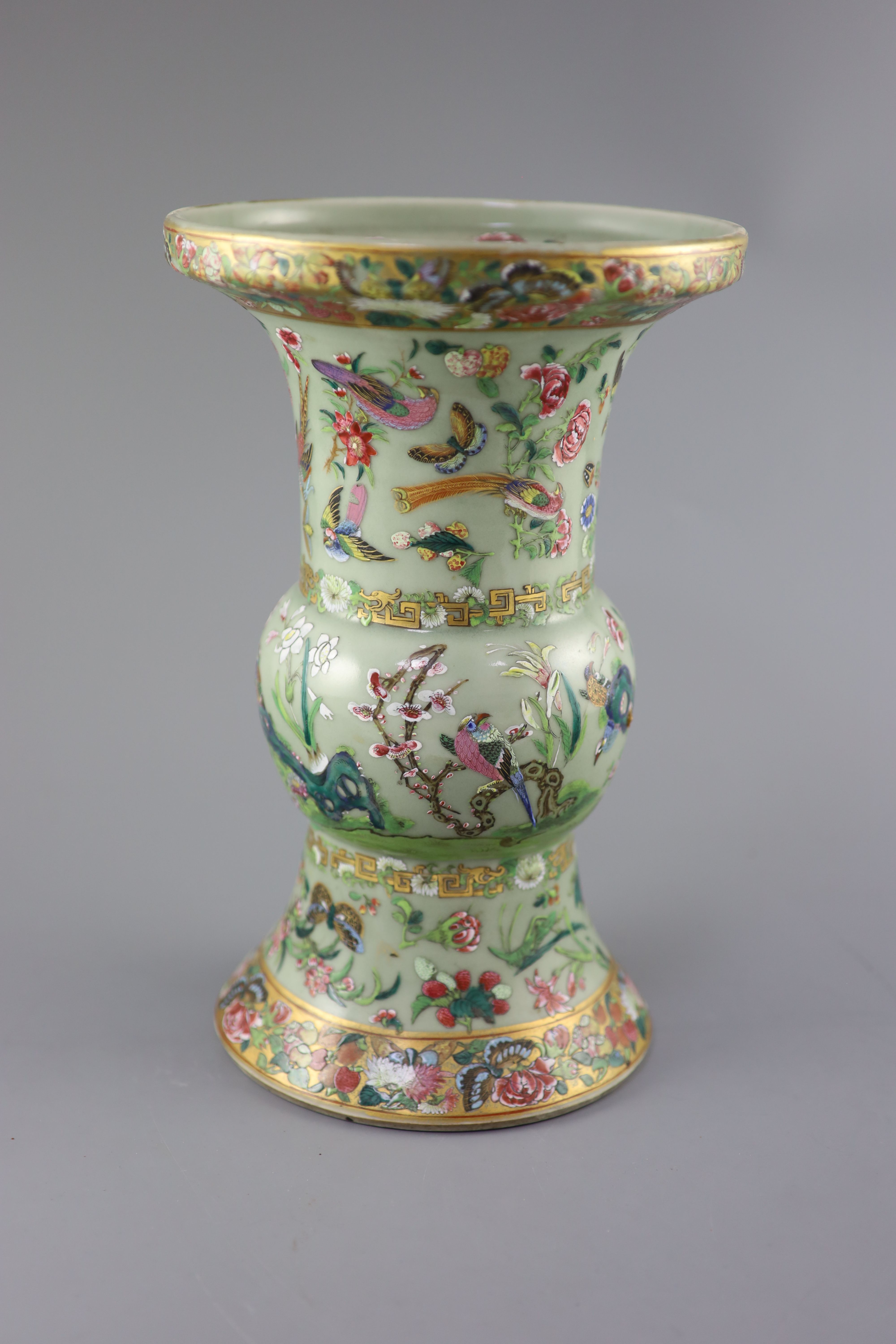 A Chinese Canton decorated celadon ground vase, zun, c.1830, 32.5cm high